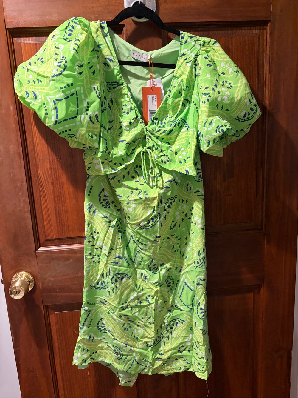 RHODE Neon Green Printed Tie-Front 2 piece, mid section open. Never worn top.